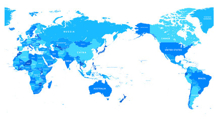 Fototapeta premium Polityczna mapa świata na Pacyfiku wyśrodkowana