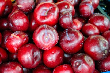 Organic sweet red plums at the Farmers Market in Riga, Latvia