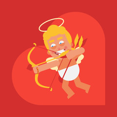 Cupid flies and shooting bow. Cartoon character. Valentine card