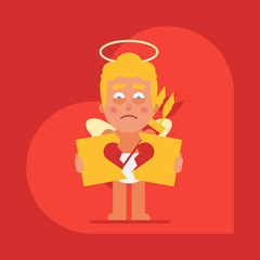 Cupid holding broken heart sign. Cartoon character. Valentine card