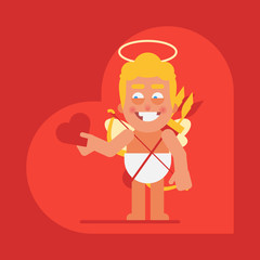 Cupid holding heart and smiling. Cartoon character. Valentine card