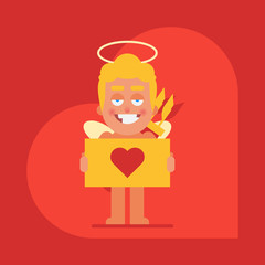 Cupid holding sign with heart and smiles. Cartoon character. Valentine card
