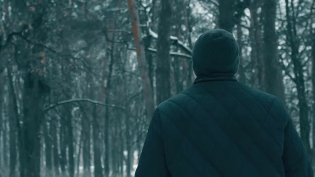 Man walk in the winter snowy forest. Slow motion 4k footage.