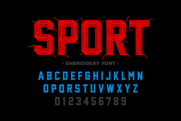 Fototapeta na wymiar Embroidery font, sports style, stitched with thread alphabet letters and numbers
