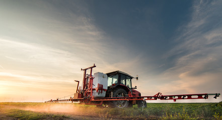 Tractor spraying pesticides at  soy bean field