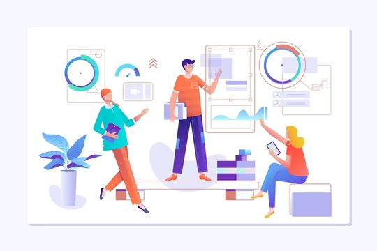 People work in a team and interact with graphs. Business, workflow management and office situations. Landing page template. Vector illustration.