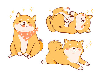 Cute Shiba Inu dogs in various poses. Hand drawn kawaii colored vector set. All elements are isolated