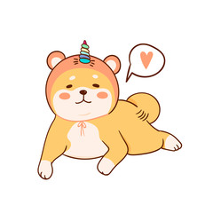 Cute Shiba Inu puppy with hat and unicorn horh. Hand drawn vector illustration