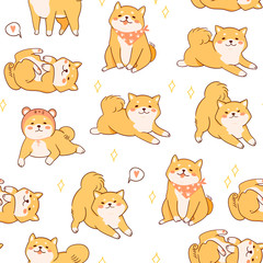 Kawaii Shiba Inu dogs in various poses. Hand drawn colored vector seamless pattern