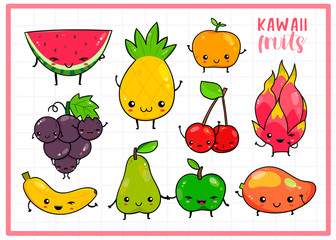 Hand drawn various kawaii fruits. Colored vector set. Checked background. All elements are isolated