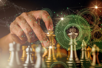 businessman hand control chess futuristic disrupt  business strategy manage ideas concept retro image tone