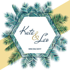 Fototapeta premium Wedding invitation card template, vector palm tree branches hexagon frame design with names and date. Plant leaves decoration on white background. Green and blue hexagonal border.