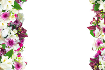 Background with a bouquet of flowers. Place to insert text. For bloggers, congratulations, cards, banners, Intstagram. Flowers freesia, roses, orchids. Floral spring background