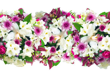Background with a bouquet of flowers. Place to insert text. For bloggers, congratulations, cards, banners, Intstagram. Flowers freesia, roses, orchids. Floral spring background