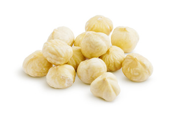 Hazelnut Kernels. Peeled Hazelnuts Isolated on White Background. Full Depth of Field     