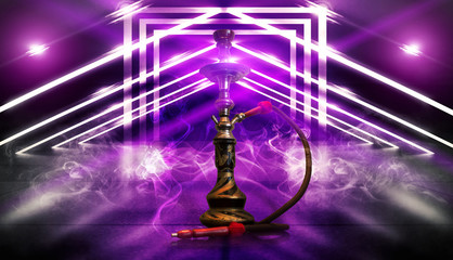 Hookah smoking on the background of an empty scene with a concrete floor, neon lights and smoke. Background trend color proton purple