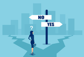 Vector of a confused businesswoman in difficult position making a choice at crossroads.
