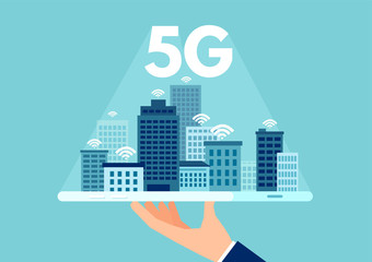 Vector of 5g network logo over the smart city with icons of town infrastructure skyscrapers.