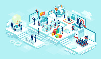 Isometric vector of virtual office with businesspeople, corporate employees working together on a new startup using mobile devices