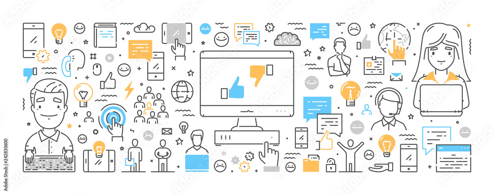 Poster vector line web banner for feedback. modern linear concept for support.