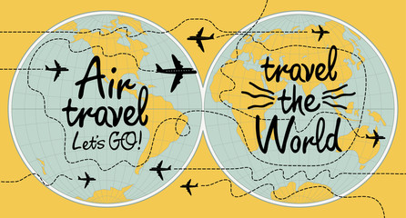 banner on the theme of air travel with world map