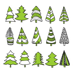 Obraz premium Hand-drawn Christmas trees for winter and holiday illustrations.