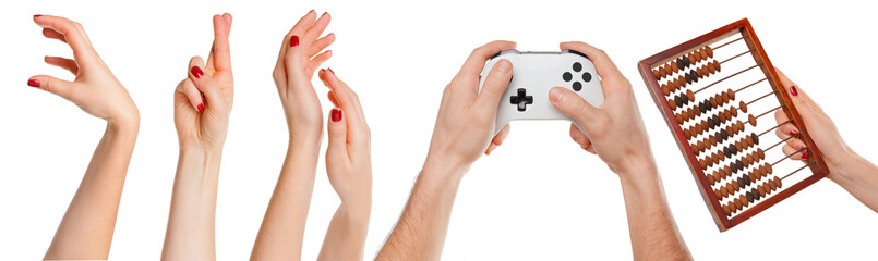 Multiple images set of female caucasian hand with objects isolated over white background