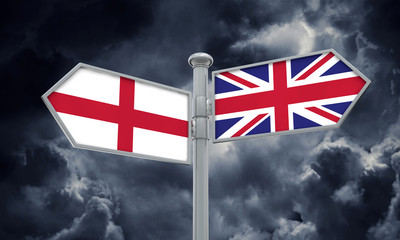 England and United Kingdom guidepost. Moving in different directions. 3D Rendering
