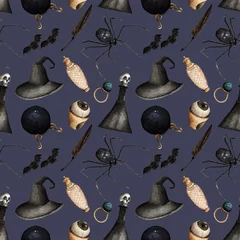Behang Gotisch Aquarel mode illustratie. set trendy accessoires. Halloween, hoed, ringen, drankjes, magische bal, pen, oorbellen, spin, naadloos patroon, zwarte achtergrond