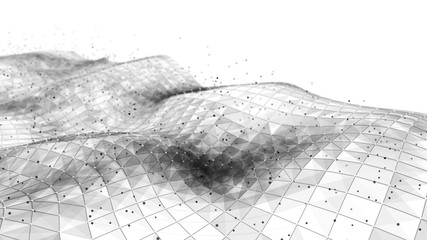 Abstract wavy structure made. Plexus background with connected lines and dots. Digital connection of elements. Imitation waves. 3D rendering.