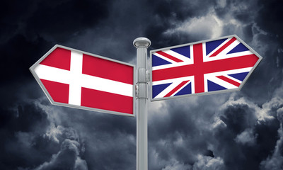 Denmark and United Kingdom guidepost. Moving in different directions. 3D Rendering