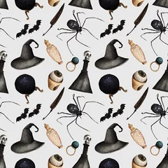 Wallpaper murals Gothic Watercolor Fashion Illustration. set of trendy accessories. Halloween, hat, rings, potions, magic ball, pen, earrings,spider,seamless pattern, light background