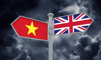 Vietnam and United Kingdom guidepost. Moving in different directions. 3D Rendering