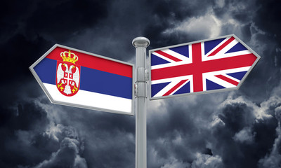 Serbia and United Kingdom guidepost. Moving in different directions. 3D Rendering