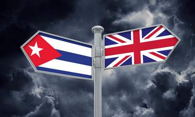 Cuba and United Kingdom guidepost. Moving in different directions. 3D Rendering
