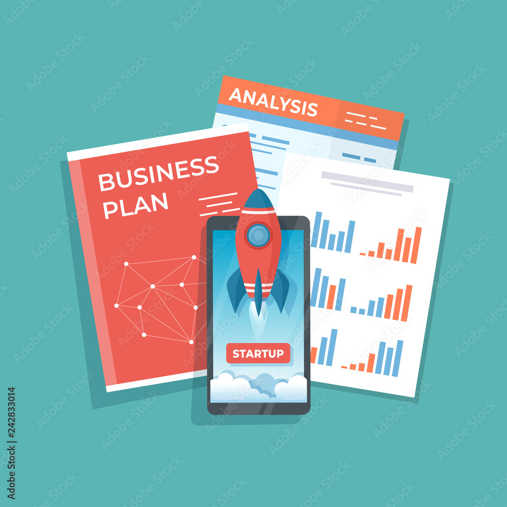 Poster smartphone with launch rocket startup from the screen. business analysis and planning idea of succes