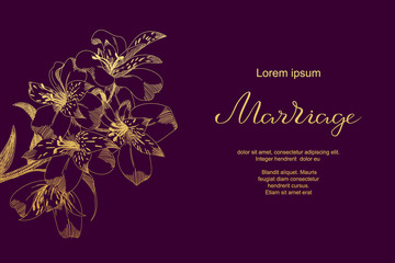 Luxury wedding card with lily sketch flowers, leaves. Marriage card template. Vector floral invitation background. Hand drawn typography lettering poster, gold objects on dark purple background
