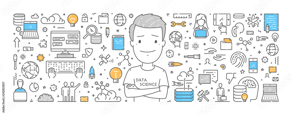 Poster vector line web concept for data science. modern linear banner for big data.