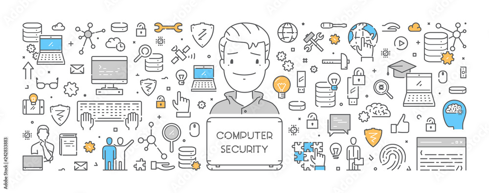 Poster vector line design concept for computer security. creative style banner for internet security