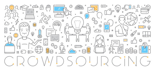 Vector line web banner for crowdsourcing. Modern linear concept for crowdfunding.
