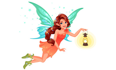 Beautiful cute fairy with long braided hairstyle holding a lantern
