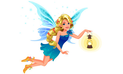Beautiful blonde blue wing fairy with long braided hairstyle holding a lantern