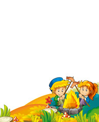 cartoon autumn nature background with kids having fun camping with tent and grilling with space for text - illustration for children