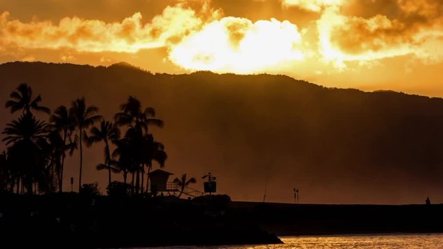 Time Lapse Sun Setting at Haleiwa Bay with Palm Trees Silhouetted