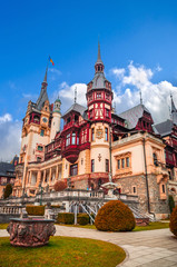Beautiful Peles Castle in Sinaia, Carpathian Mountains, Romania, Europe.
