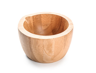 Wooden mortar on white background