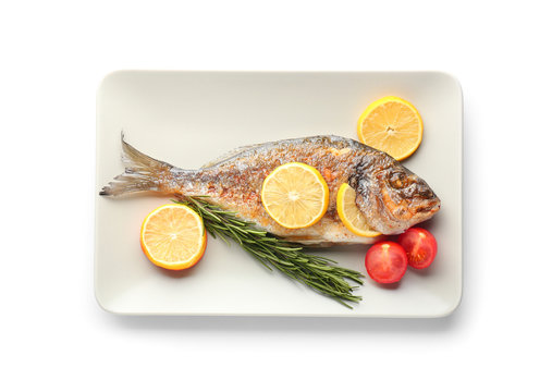 Plate With Grilled Dorado Fish On White Background