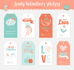 Collection of 6 Valentines day gift tags, stickers and labels templates. Romantic and beauty posters set. Lovely card for Valentine's day, wedding, marriage, save the date, bridal. Vector illustration