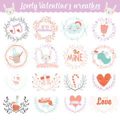 Fototapeta na wymiar Collection of Valentines day wreathes and flowers with cute romantic holidays elements. Beauty templates set. Lovely vector illustration for Valentine's day, wedding, marriage, save the date, bridal.