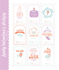 Collection of Valentines day gift tags, stickers and labels templates. Romantic and beauty posters set. Lovely card for Valentine's day, wedding, marriage, save the date, bridal. Vector illustration